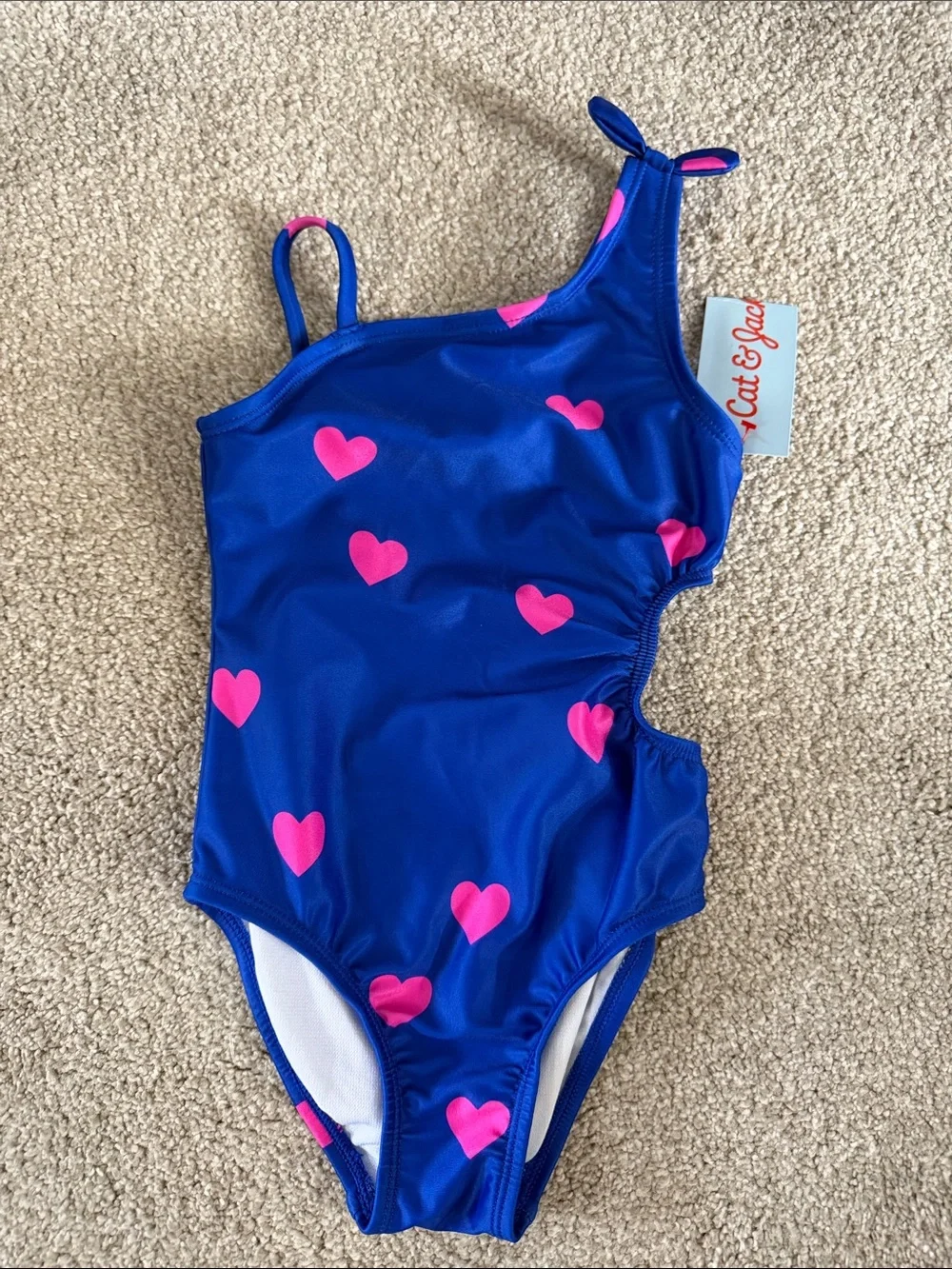 NWT Girls Blue One-Piece Cutout Swimsuit with Pink Heart Print 2T